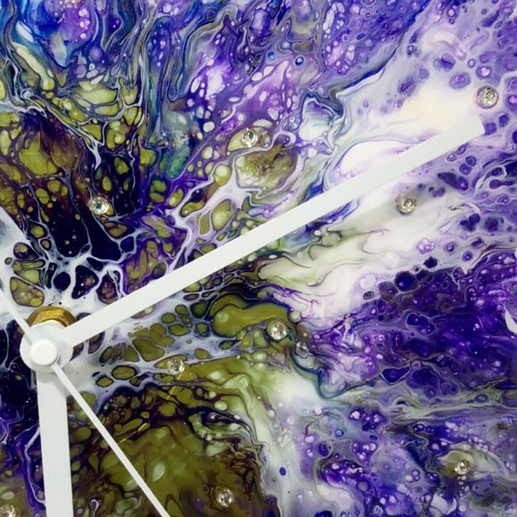 Hand Crafted Resin Clock Fluid Art Bling Purple Olive Green Rhinestones - Picture 9 of 11